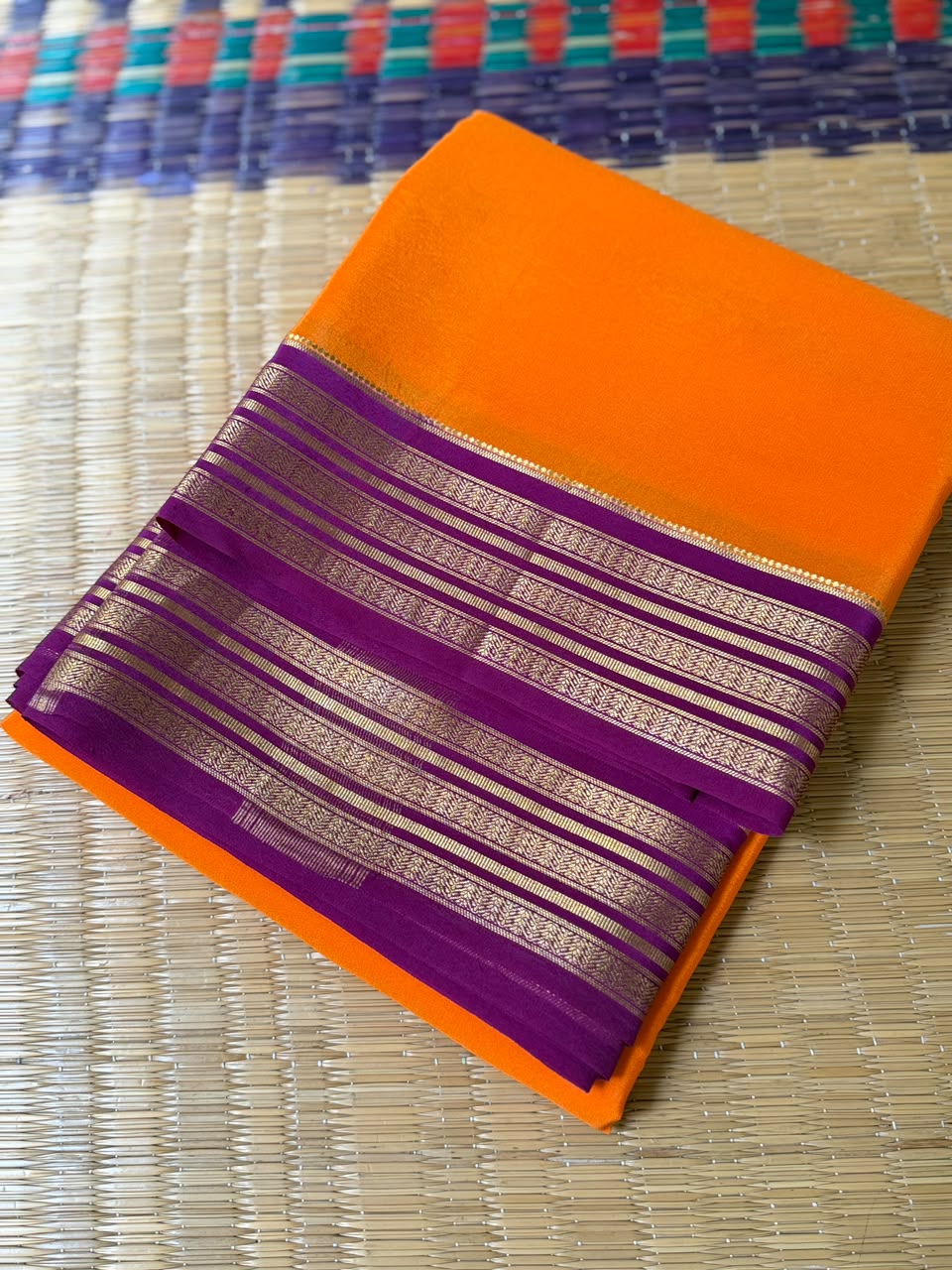 Barfi 2D – Pure Mysore Crepe Silk Saree | Orange with Dark Pink Border
