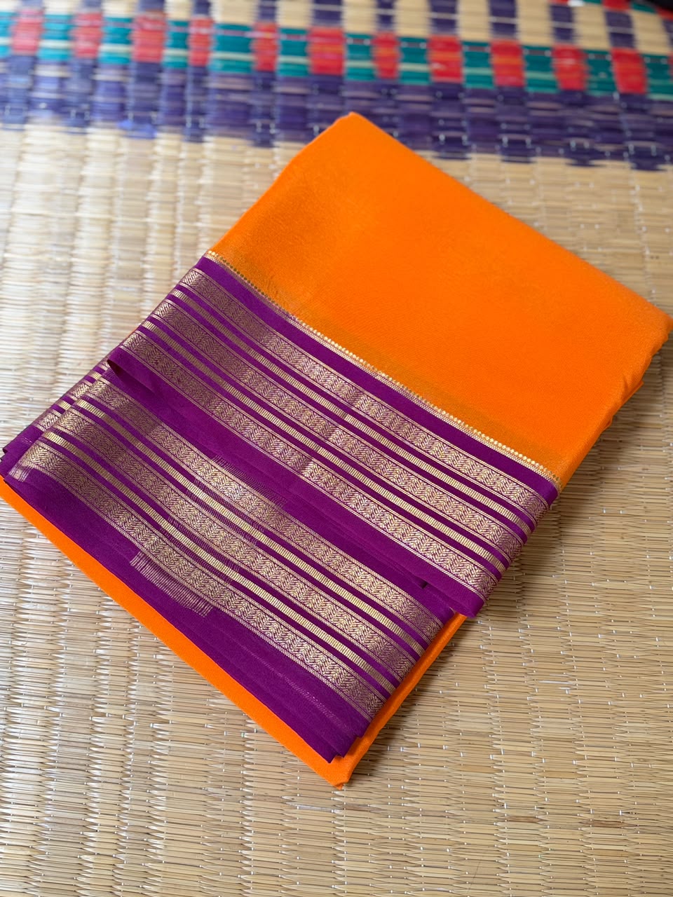 Barfi 2D – Pure Mysore Crepe Silk Saree | Orange with Dark Pink Border