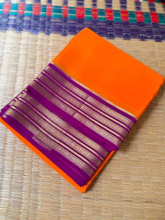 Barfi 2D – Pure Mysore Crepe Silk Saree | Orange with Dark Pink Border