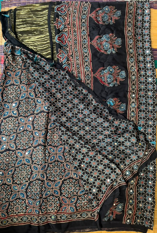 Ajrak Mirror Work Saree in Black | Hand Block Printed | Daaraa Silks