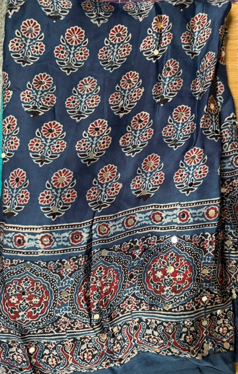 Ajrak Mirror Work Saree in Indigo Blue | Hand Block Printed | Daaraa Silks
