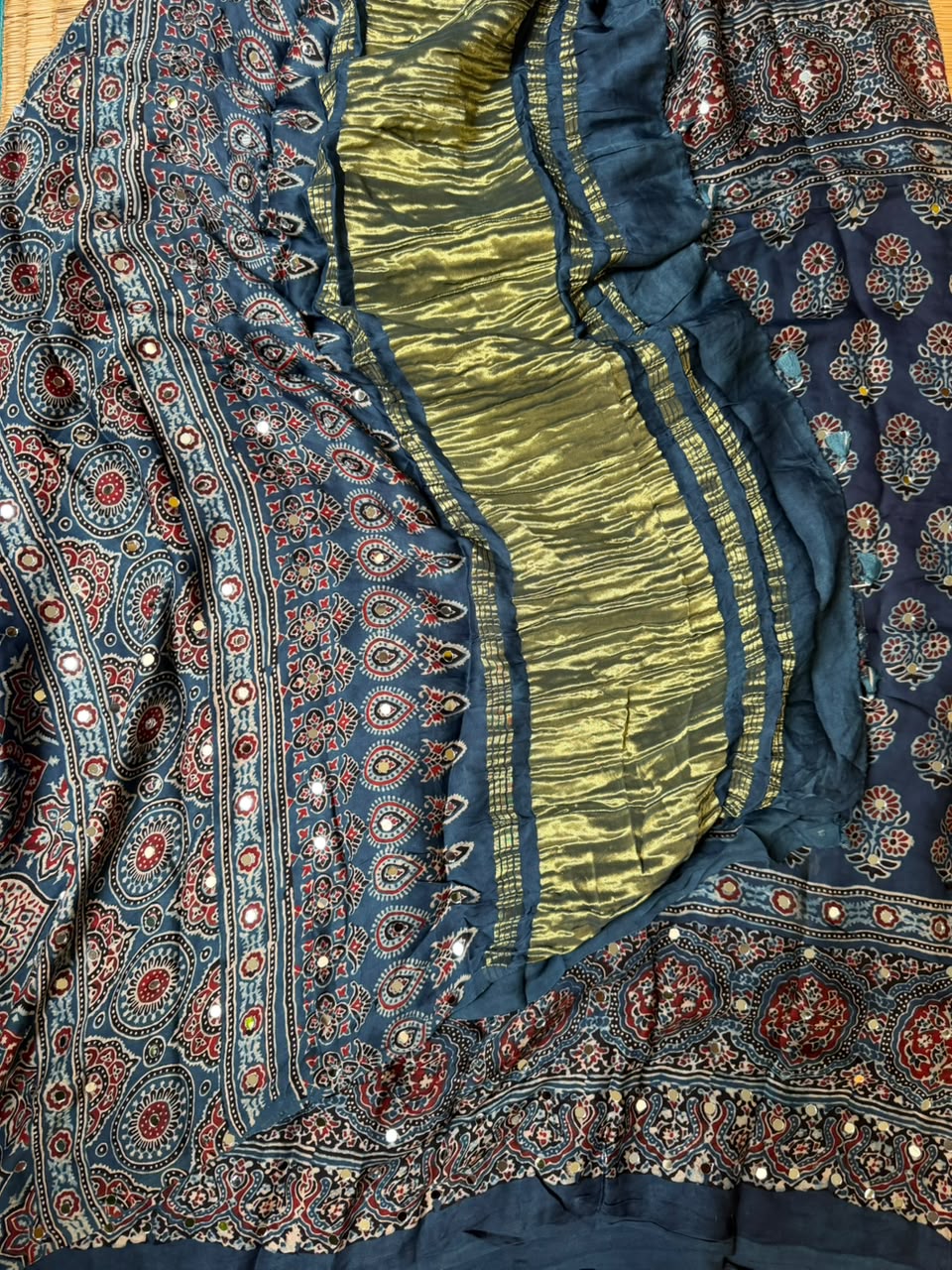 Ajrak Mirror Work Saree in Indigo Blue | Hand Block Printed | Daaraa Silks