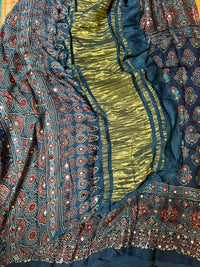 Ajrak Mirror Work Saree in Indigo Blue | Hand Block Printed | Daaraa Silks