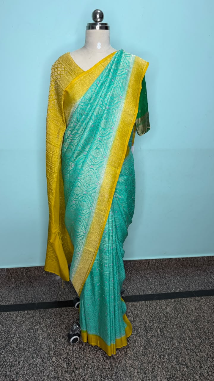 Semi Banarasi Sea Green with Yellow Border Georgette Saree