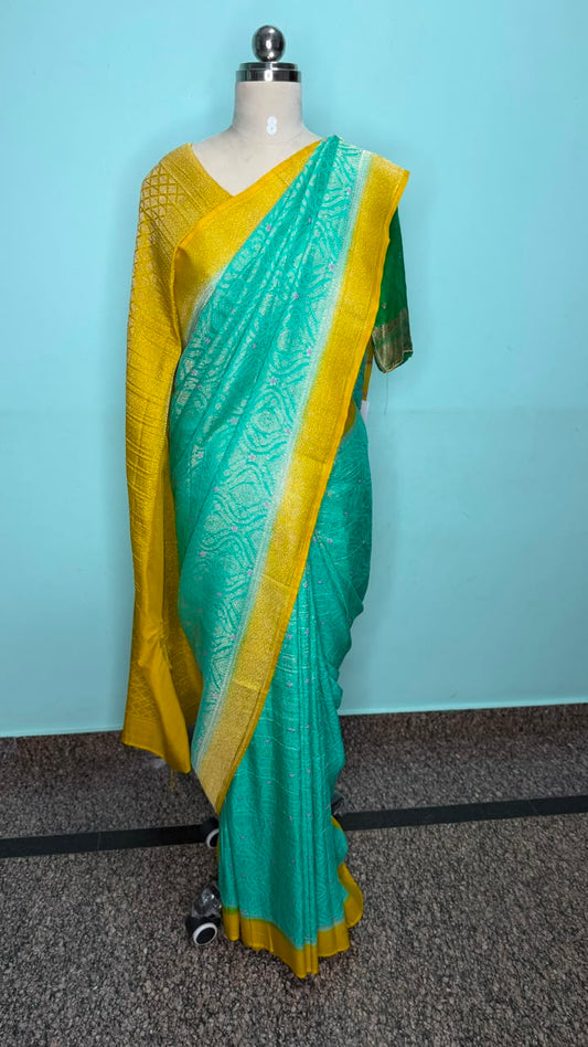 Sea green Semi Banarasi georgette saree with yellow Banarasi-inspired zari border, Daaraa Silks
