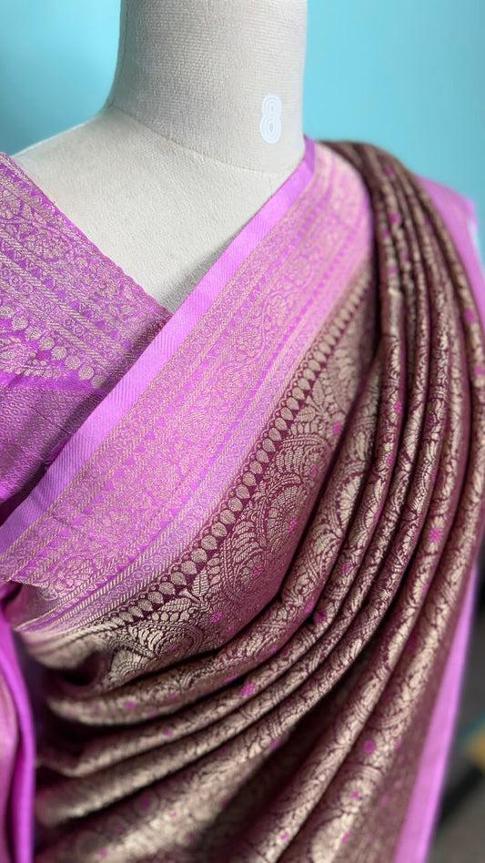 Purple Semi Banarasi georgette saree with lavender Banarasi-inspired zari border, Daaraa Silks