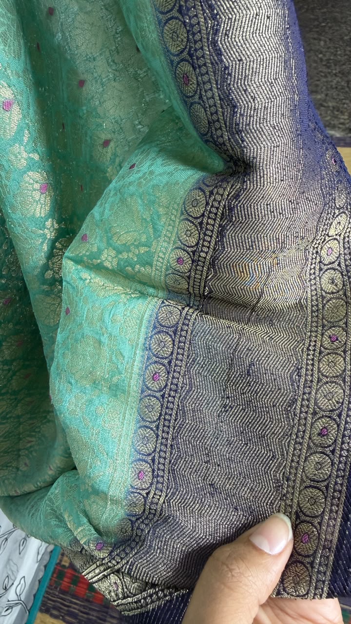 Semi Banarasi Sea Green with Navy Blue Border Georgette Saree