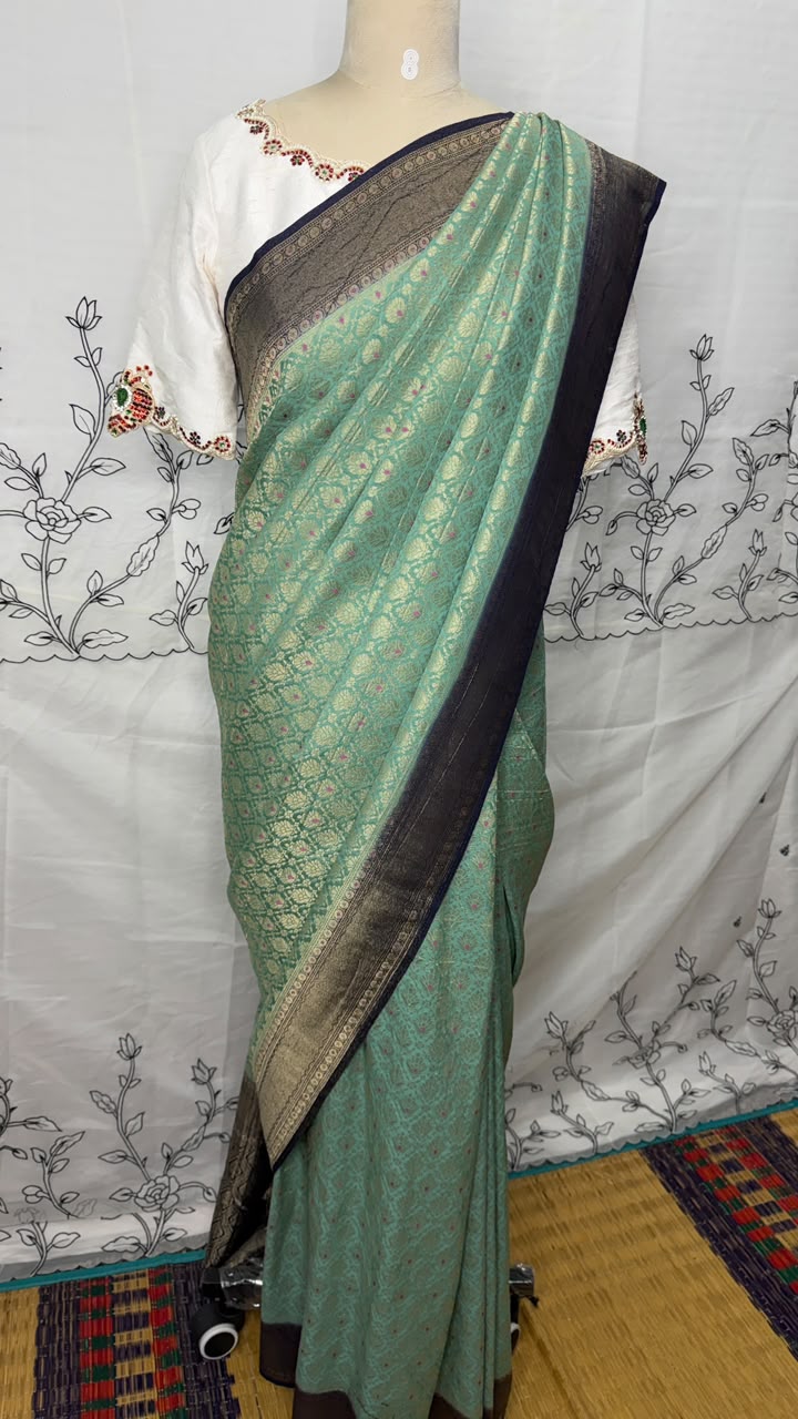 Semi Banarasi Sea Green with Navy Blue Border Georgette Saree