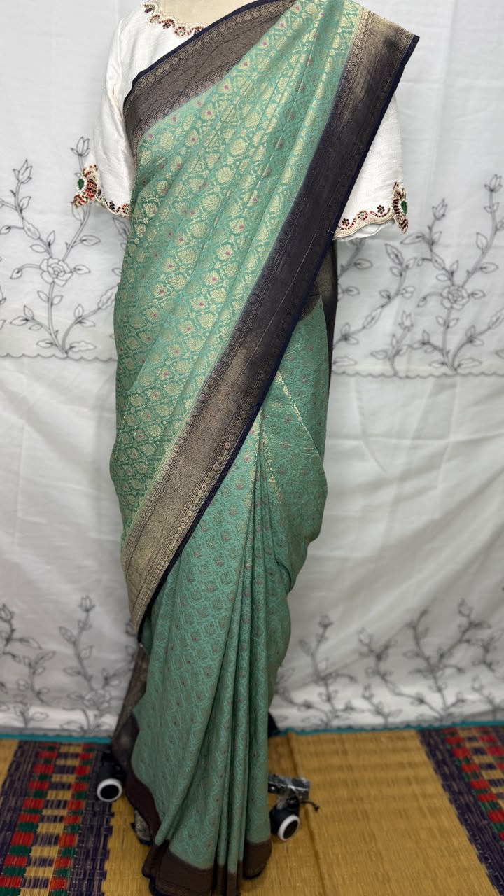 Semi Banarasi Sea Green with Navy Blue Border Georgette Saree