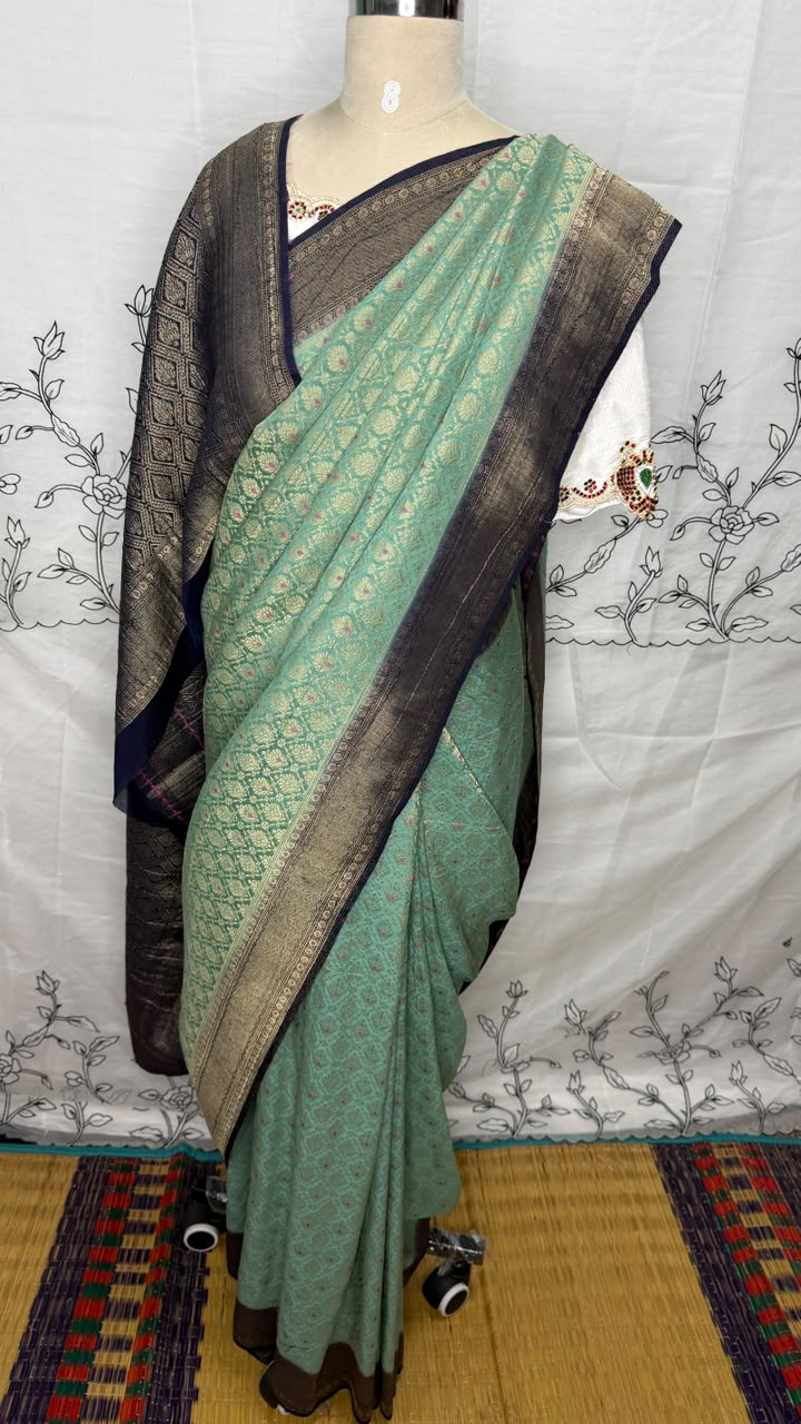 Semi Banarasi Sea Green with Navy Blue Border Georgette Saree