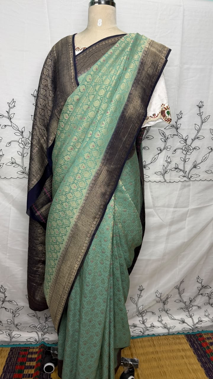 Semi Banarasi Sea Green with Navy Blue Border Georgette Saree