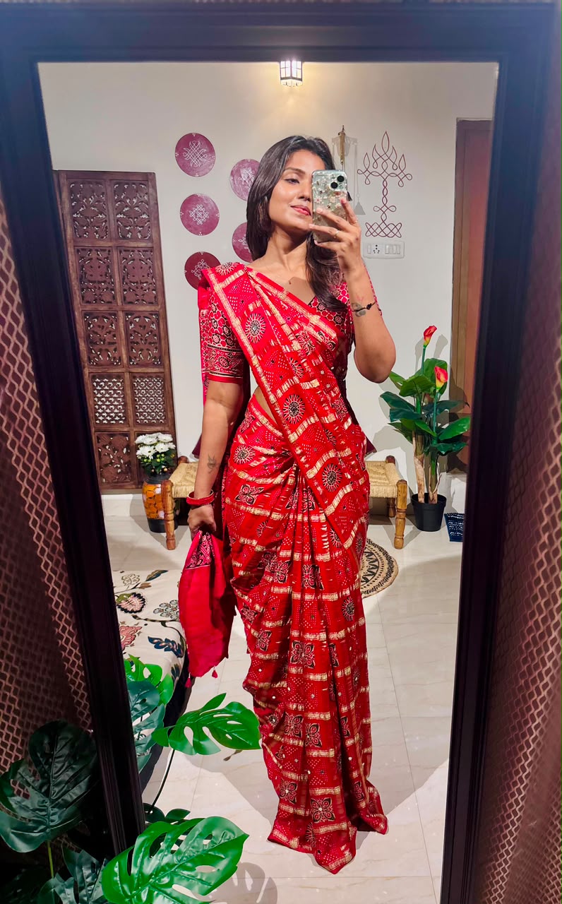 Red Bandhini Gharchola Saree with Mirror Work & Gottapatti