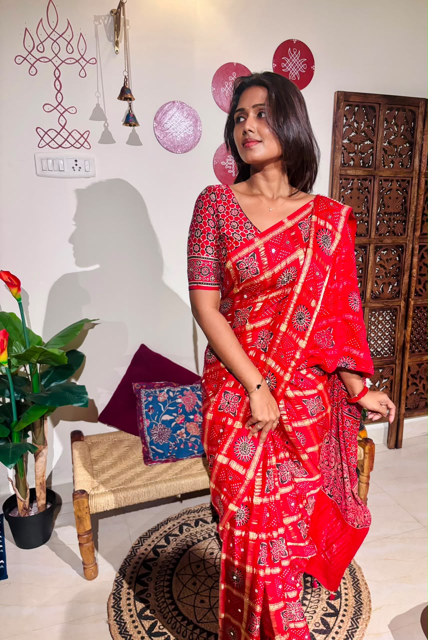 Red Bandhini Gharchola Saree with Mirror Work & Gottapatti