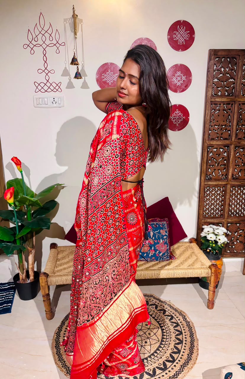 Red Bandhini Gharchola Saree with Mirror Work & Gottapatti