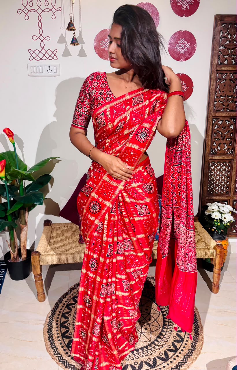 Red Bandhini Gharchola Saree with Mirror Work & Gottapatti