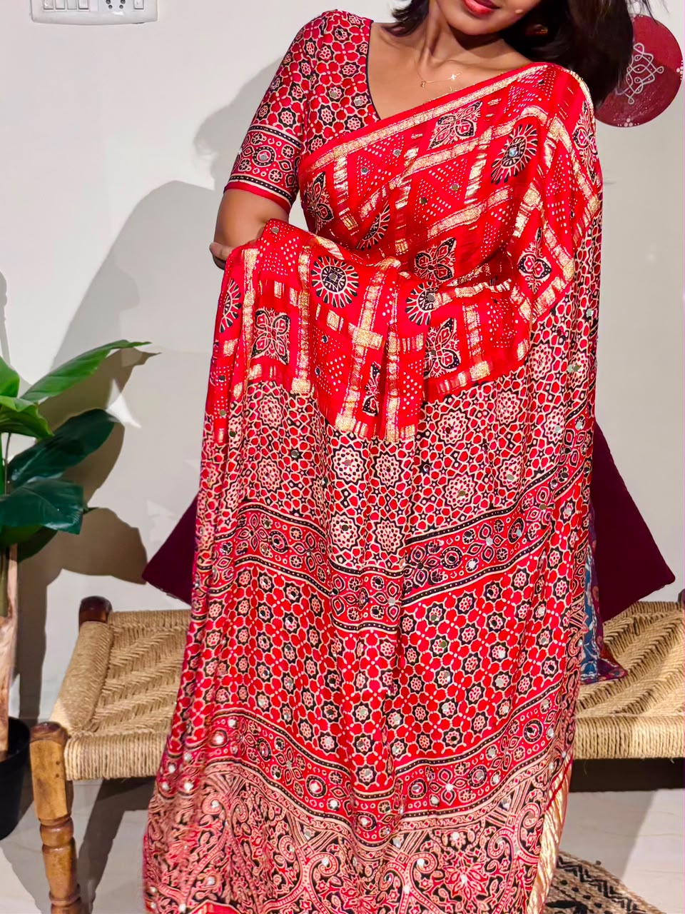Red Bandhini Gharchola Saree with Mirror Work & Gottapatti