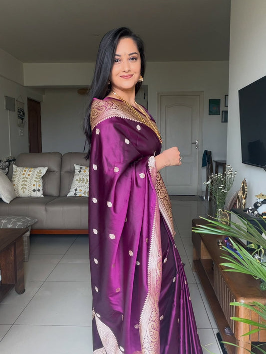 Banarasi Mashru Silk Saree – Deep Plum Zari Woven | Handloom Varanasi