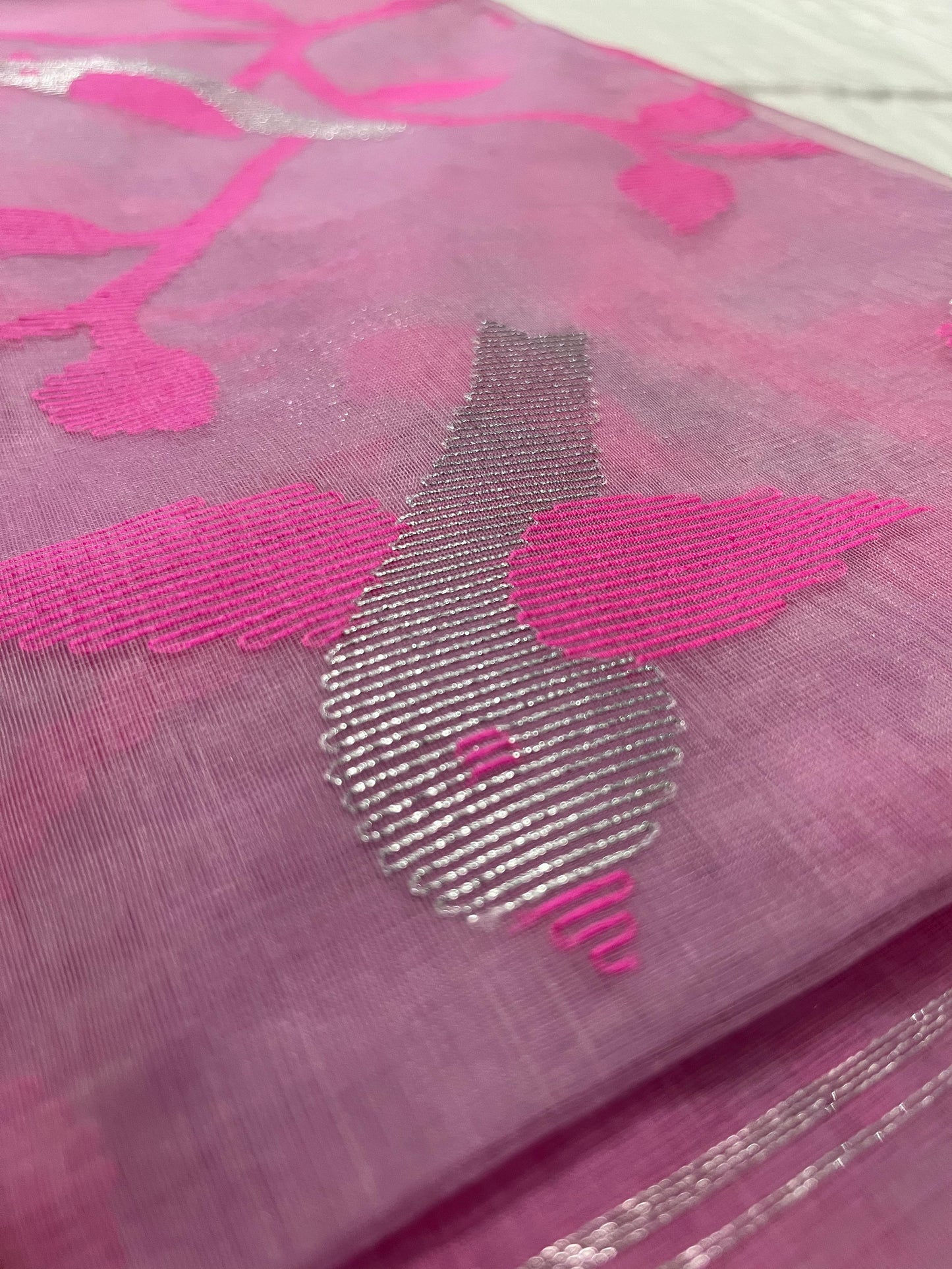 Dhaka Muslin Silk Jamdani Saree -Soft Pink with Silver Weave & Contrast Floral Design