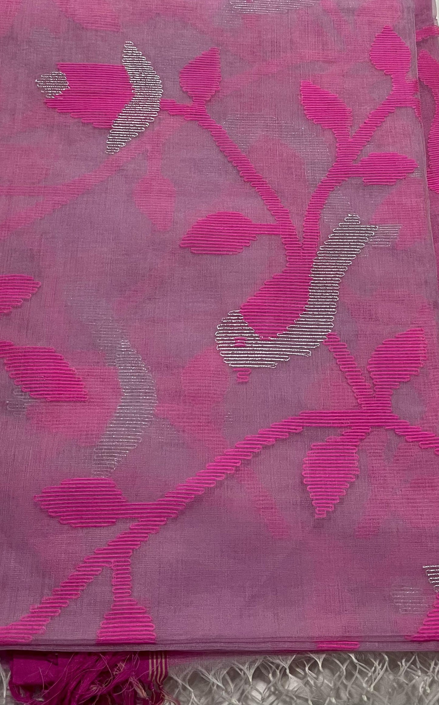 Dhaka Muslin Silk Jamdani Saree -Soft Pink with Silver Weave & Contrast Floral Design