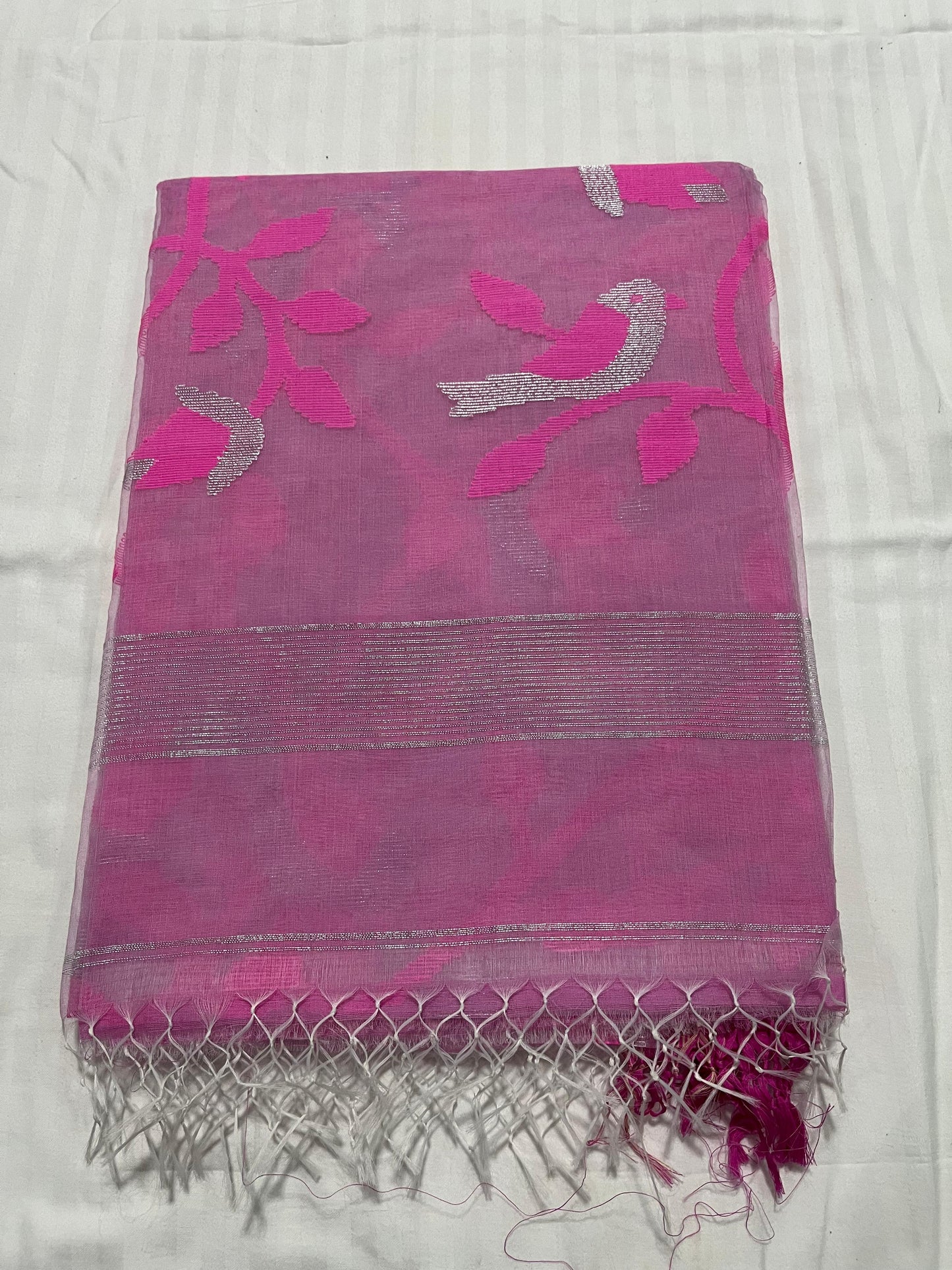 Dhaka Muslin Silk Jamdani Saree -Soft Pink with Silver Weave & Contrast Floral Design