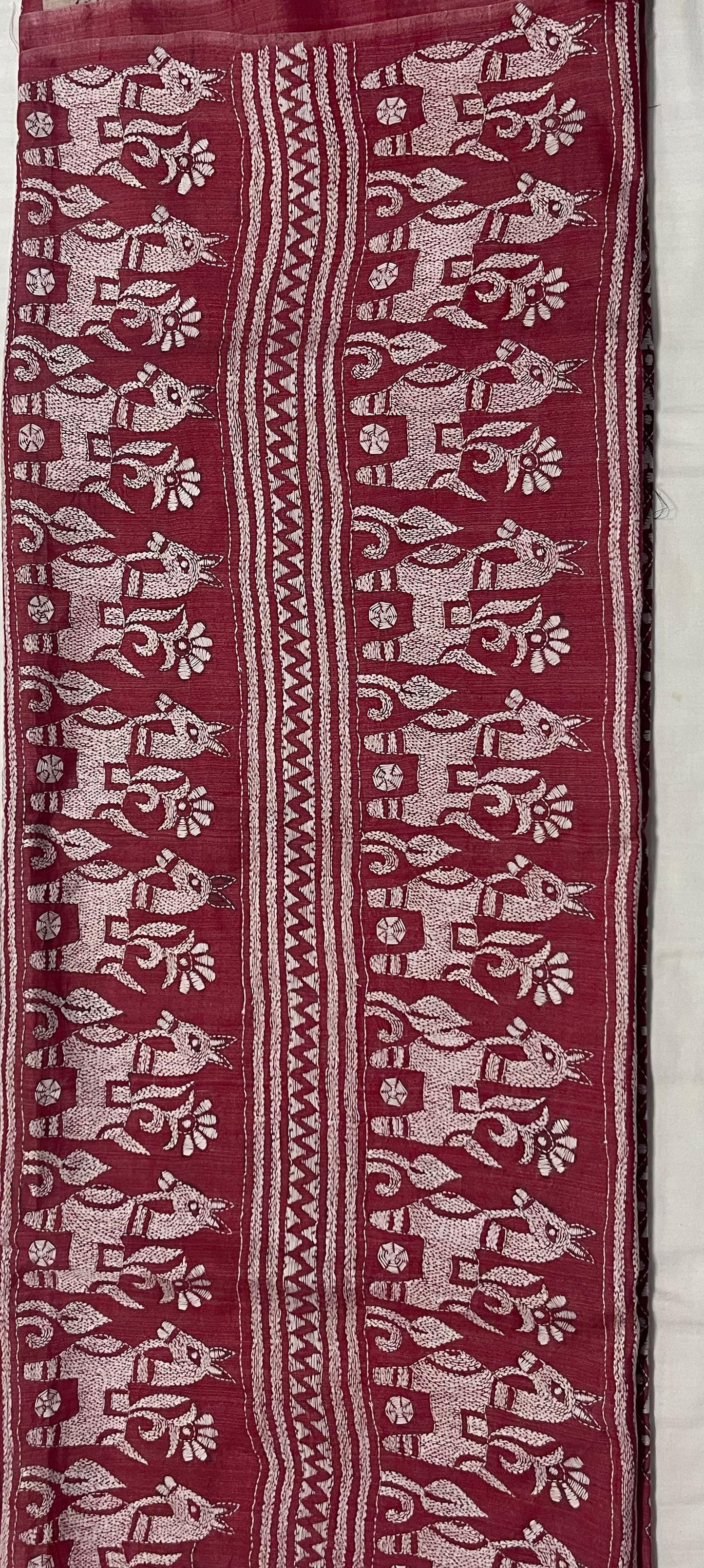 Santiniketan Handcrafted Tussar Silk Saree – Brick Red & Beige