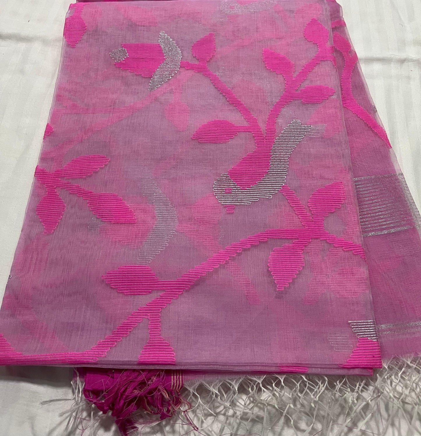 Dhaka Muslin Silk Jamdani Saree -Soft Pink with Silver Weave & Contrast Floral Design