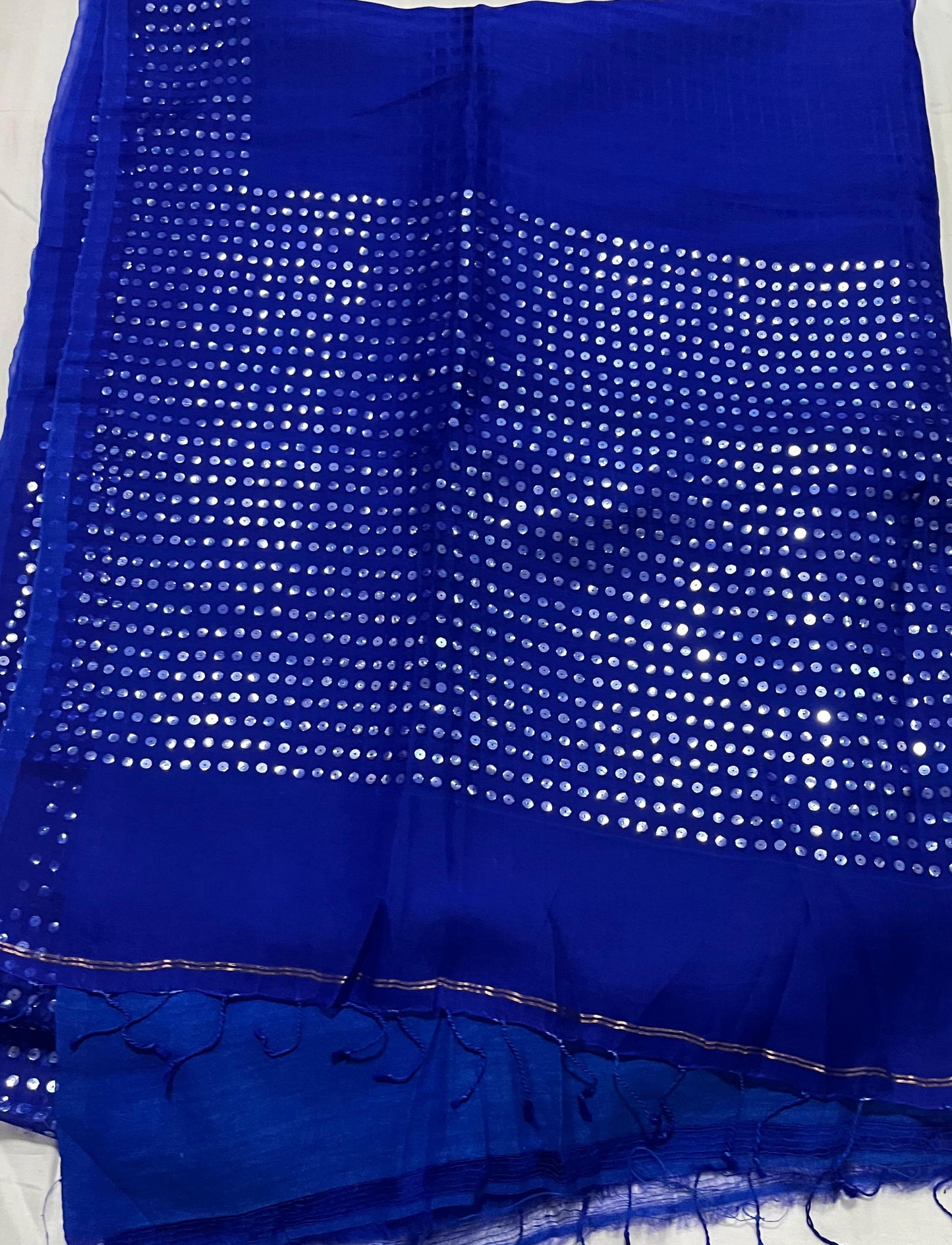 Muslin Silk Saree – Royal Blue with Sparkling Chumki Work