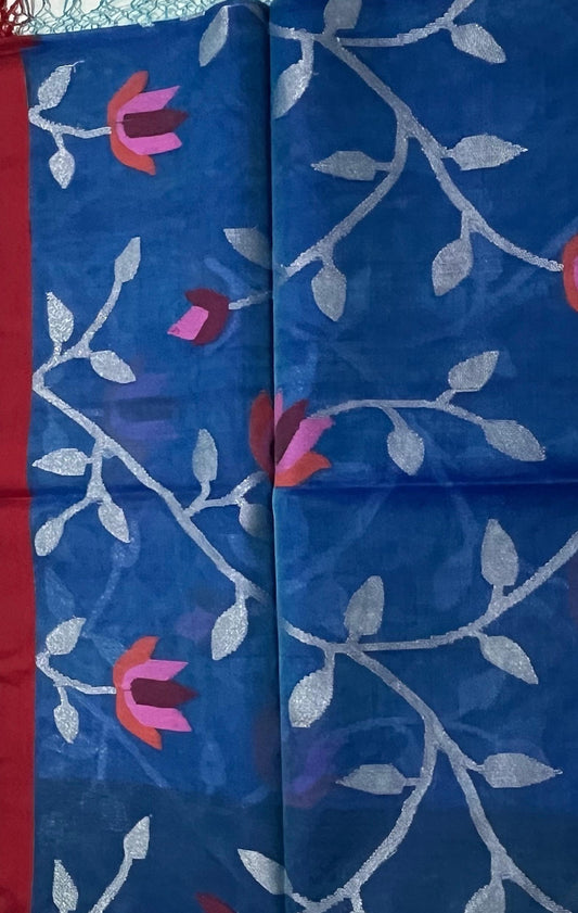 Dhaka Muslin Silk Jamdani Saree | Elegant Blue with Intricate Woven Motifs