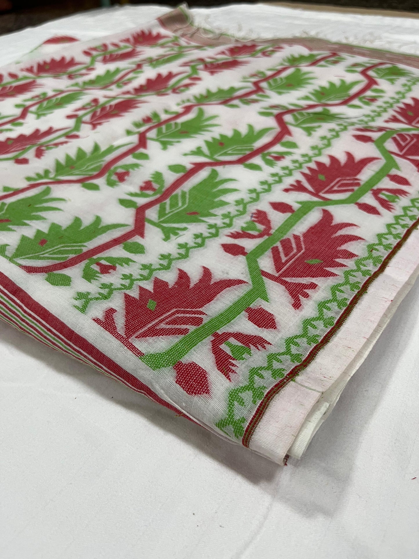 Dhaka Cotton-All Body Jamdani - White Red & Green