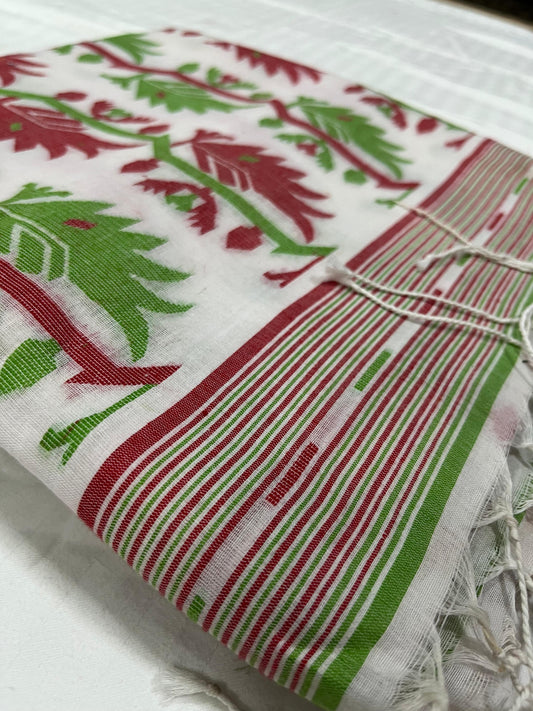 Dhaka Cotton-All Body Jamdani - White Red & Green