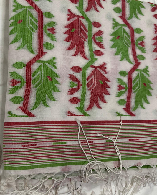 Dhaka Cotton-All Body Jamdani - White Red & Green