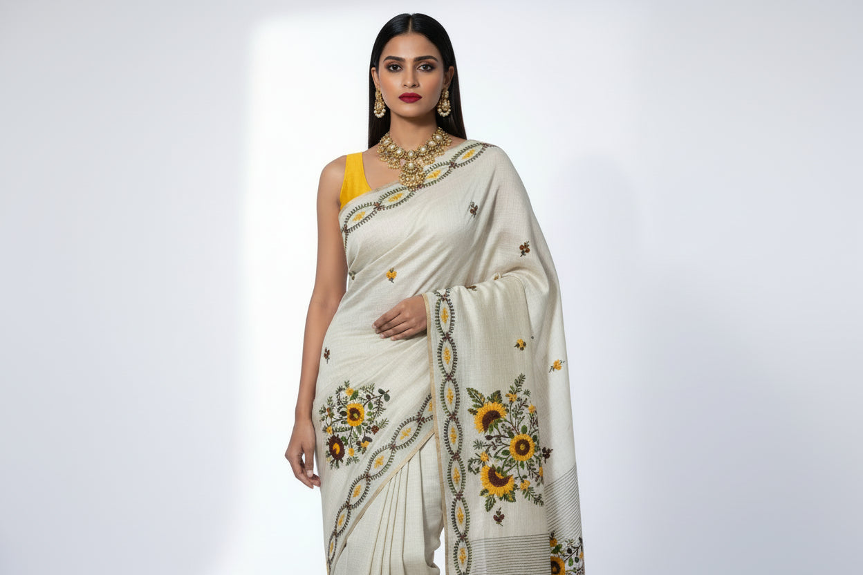 Assam Tussar Silk Saree - Beige Base with Kashmiri Floral Embroidery