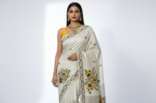 Assam Tussar Silk Saree - Beige Base with Kashmiri Floral Embroidery