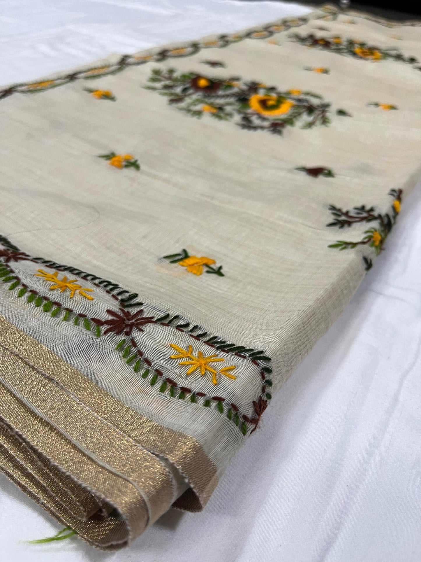 Assam Tussar Silk Saree - Beige Base with Kashmiri Floral Embroidery