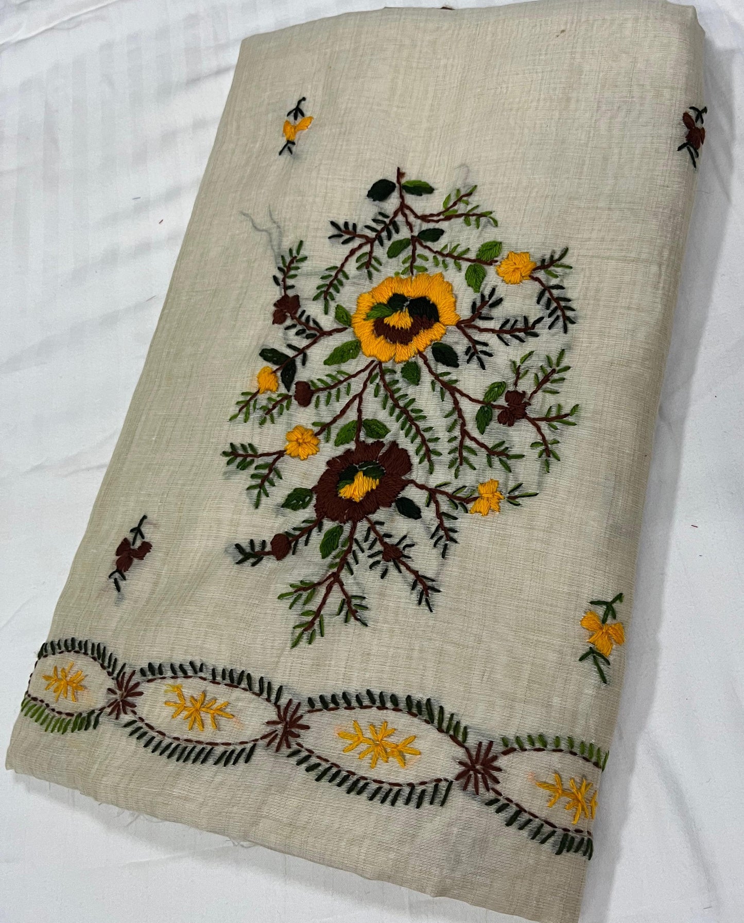 Assam Tussar Silk Saree - Beige Base with Kashmiri Floral Embroidery