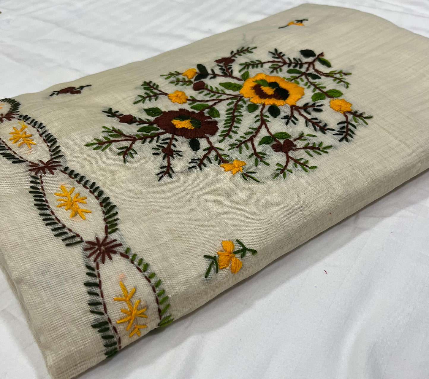 Assam Tussar Silk Saree - Beige Base with Kashmiri Floral Embroidery