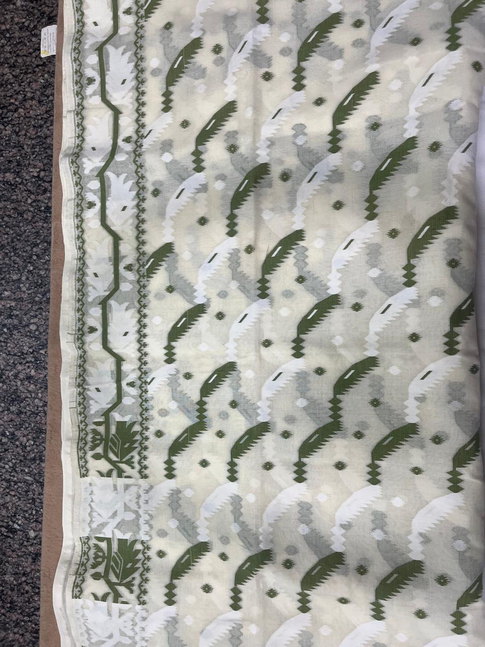 Dhaka Cotton Jamdani - Full Body Weave White & Green