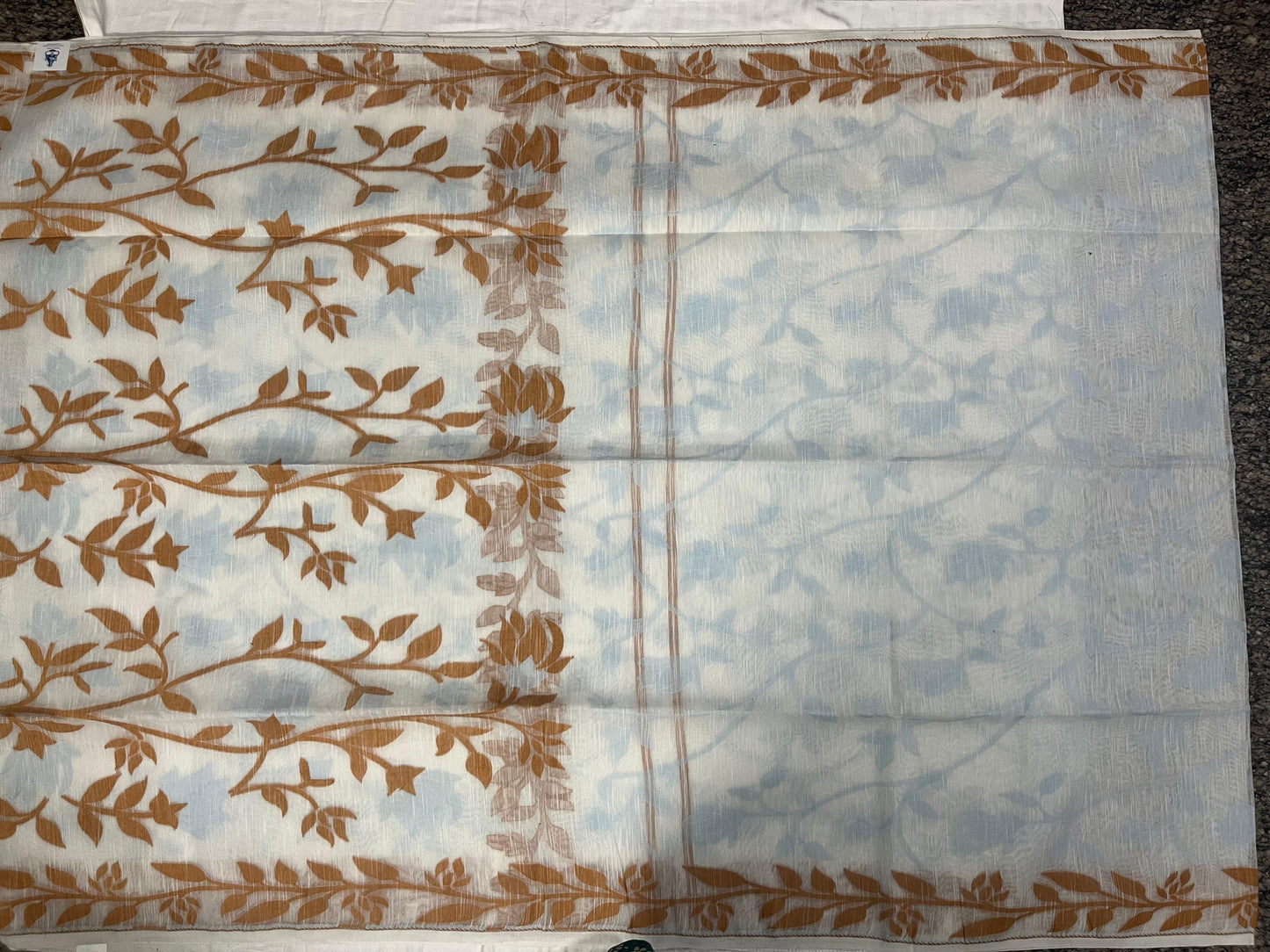 Dhaka Cotton Jamdani in White with Beige & Blue Floral Weave