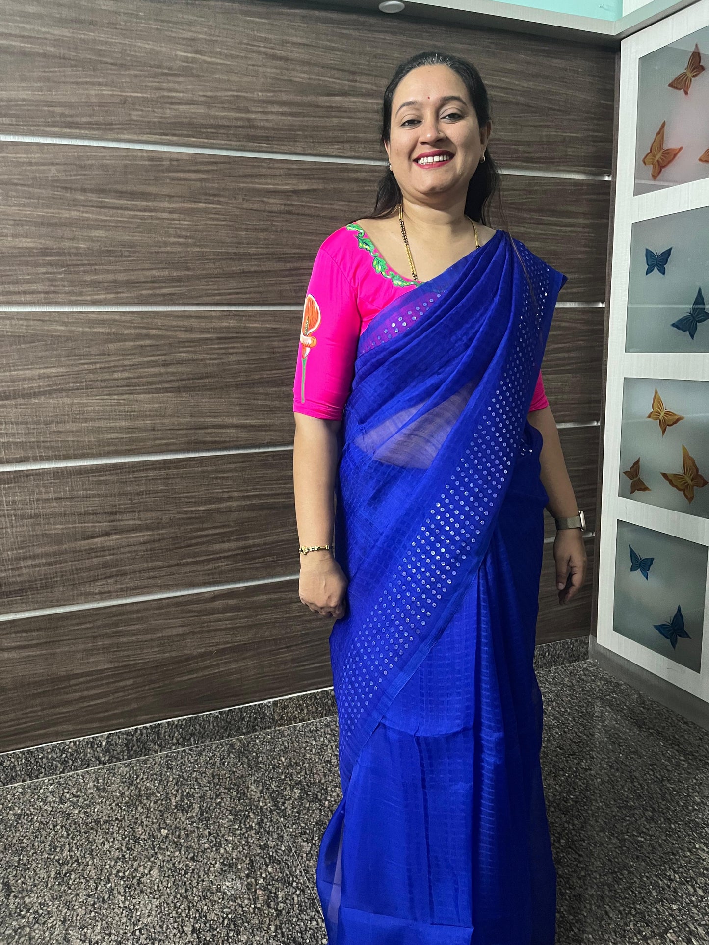 Muslin Silk Saree – Royal Blue with Sparkling Chumki Work