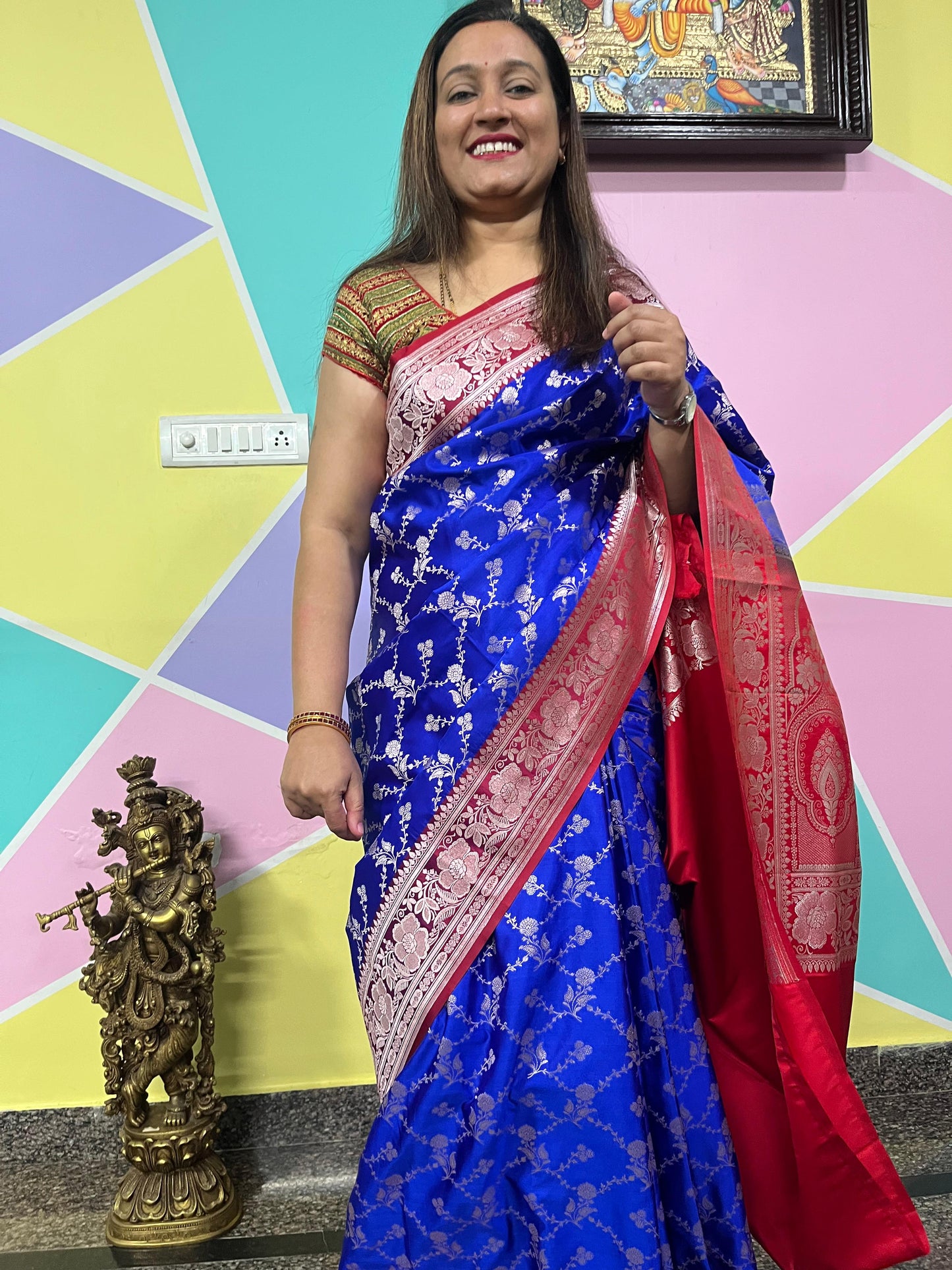 Banarasi Sari – Blue with Red