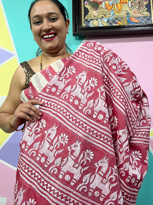 Shantiniketan Handcrafted Tussar Silk - Brick Red & Beige