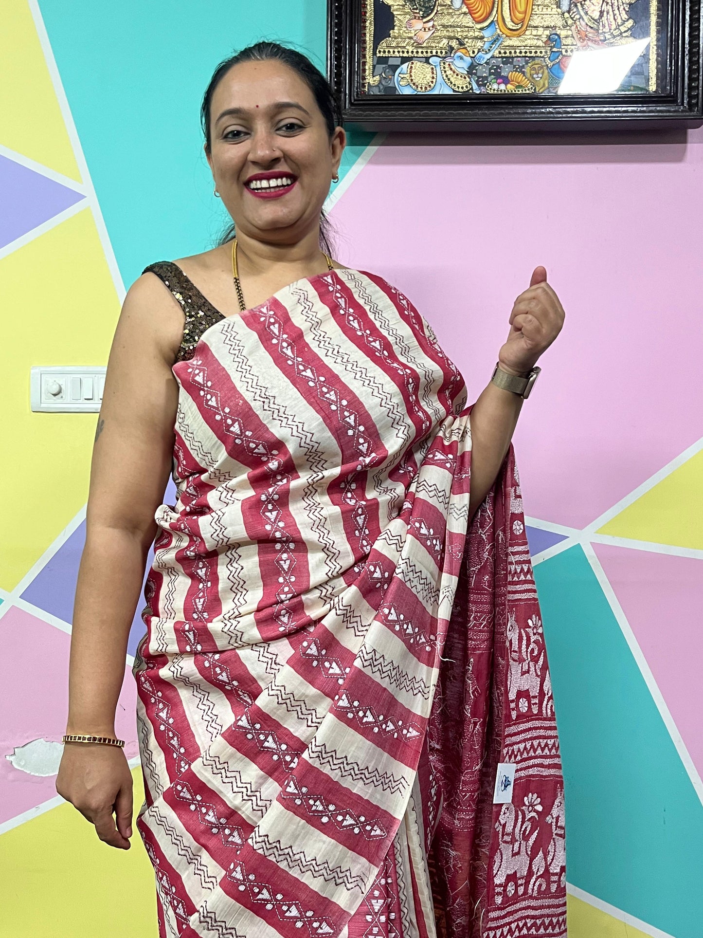 Santiniketan Handcrafted Tussar Silk Saree – Brick Red & Beige