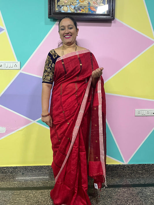 Matka Silk with Muslin Silk Saree - Red Base with Elegant Gold Sikka Work
