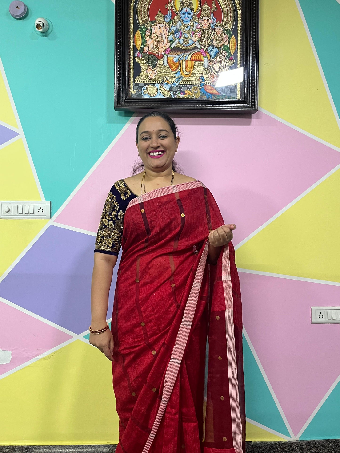 Matka Silk with Muslin Silk Saree – Red Base with Elegant Gold Sikka Work