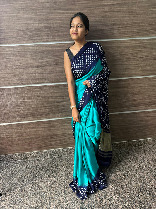Modal Silk 2D Chakkar Bandhej Saree – Green Body with Blue Pallu