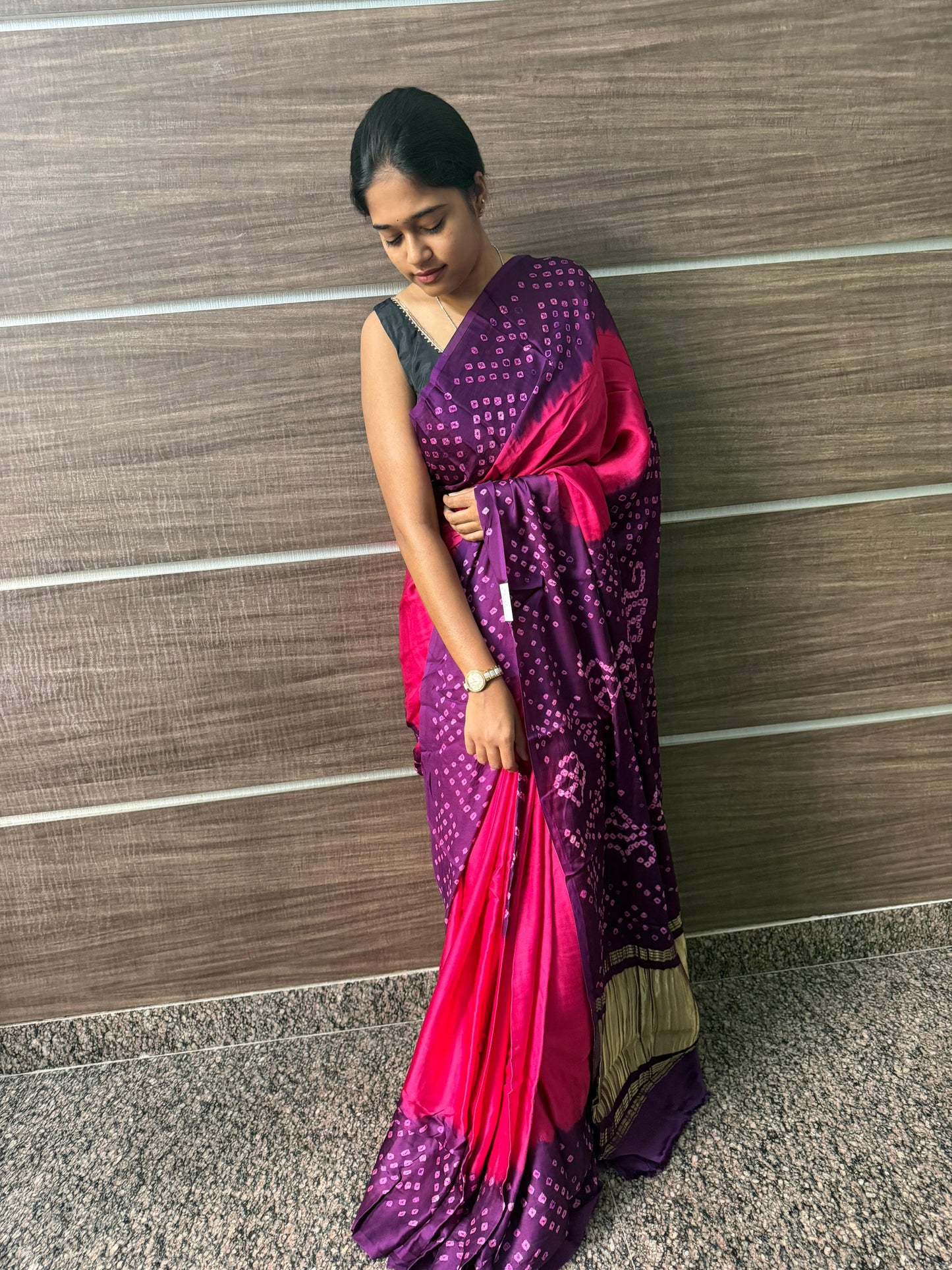 Modal Silk 2D Chakkar Bandhej Saree – Pink Body with Violet Pallu