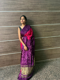 Modal Silk 2D Chakkar Bandhej Saree – Pink Body with Violet Pallu