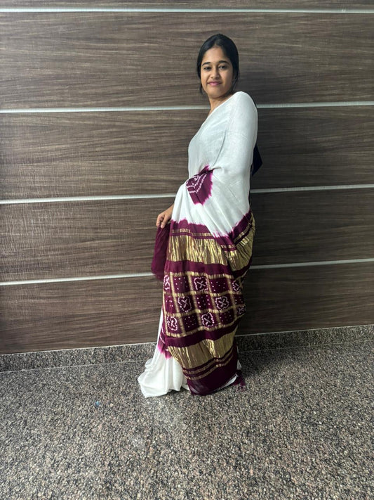 White Modal Chakkar Bandhej Saree – Magenta