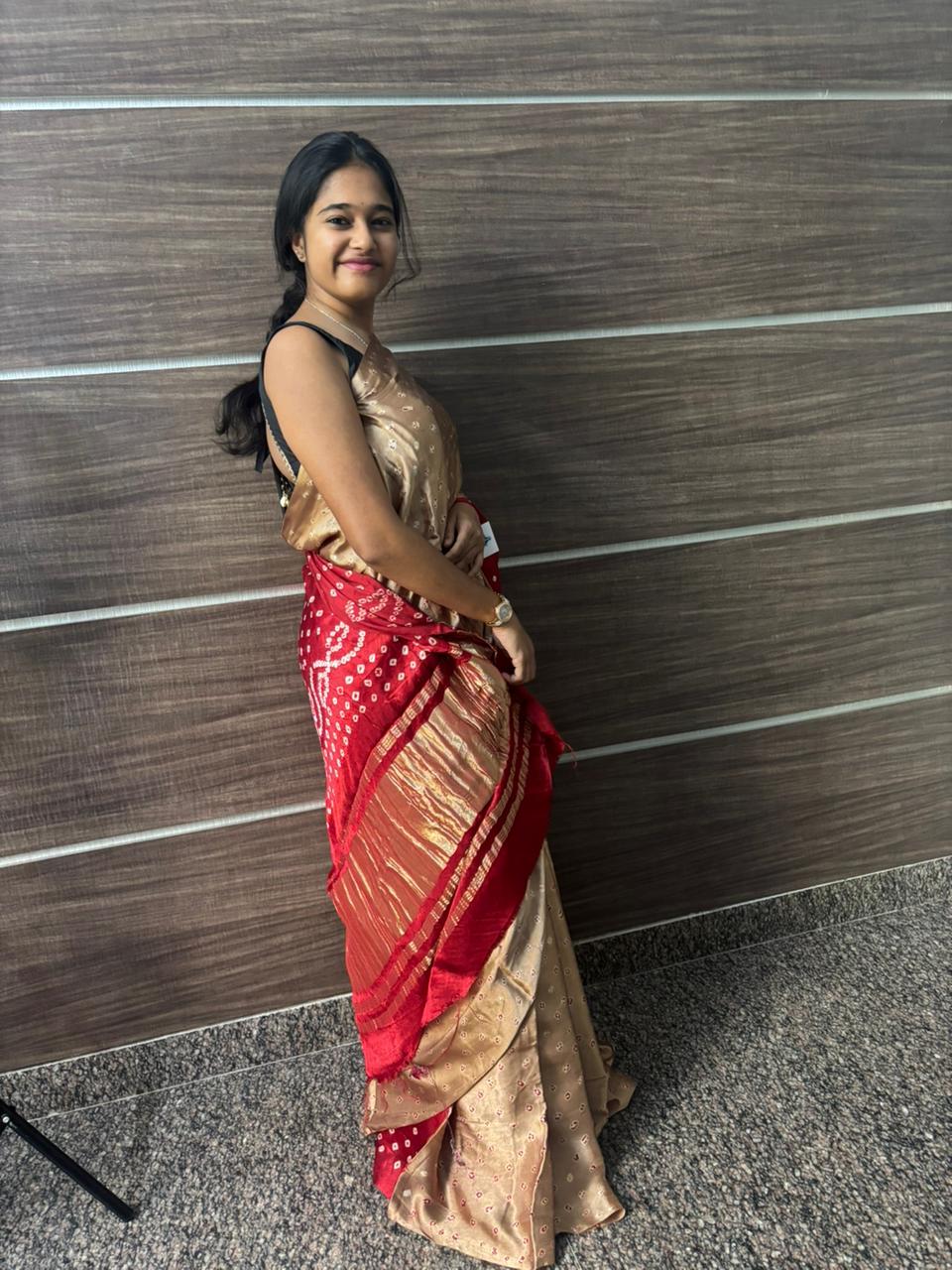 Red Bhandej- Chikku Brown Body & Red Pallu