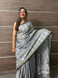 Dhaka Mulmul Cotton Saree – Grey Base with Balu Chudi Motifs